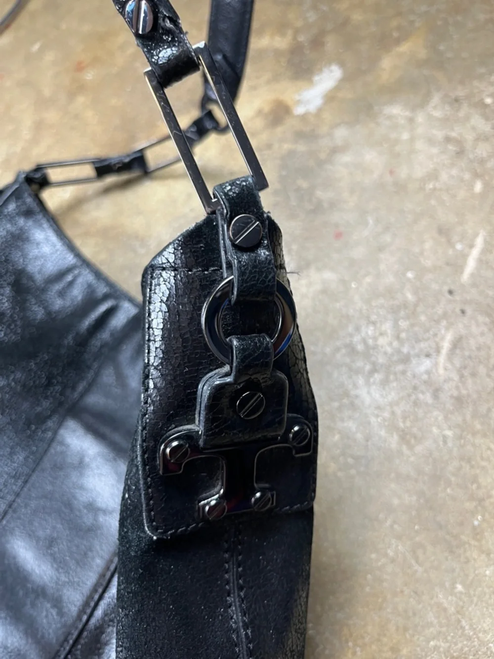 Tory Burch Cracked Leather Hobo Shoulder Bag with Gunmetal Hardware